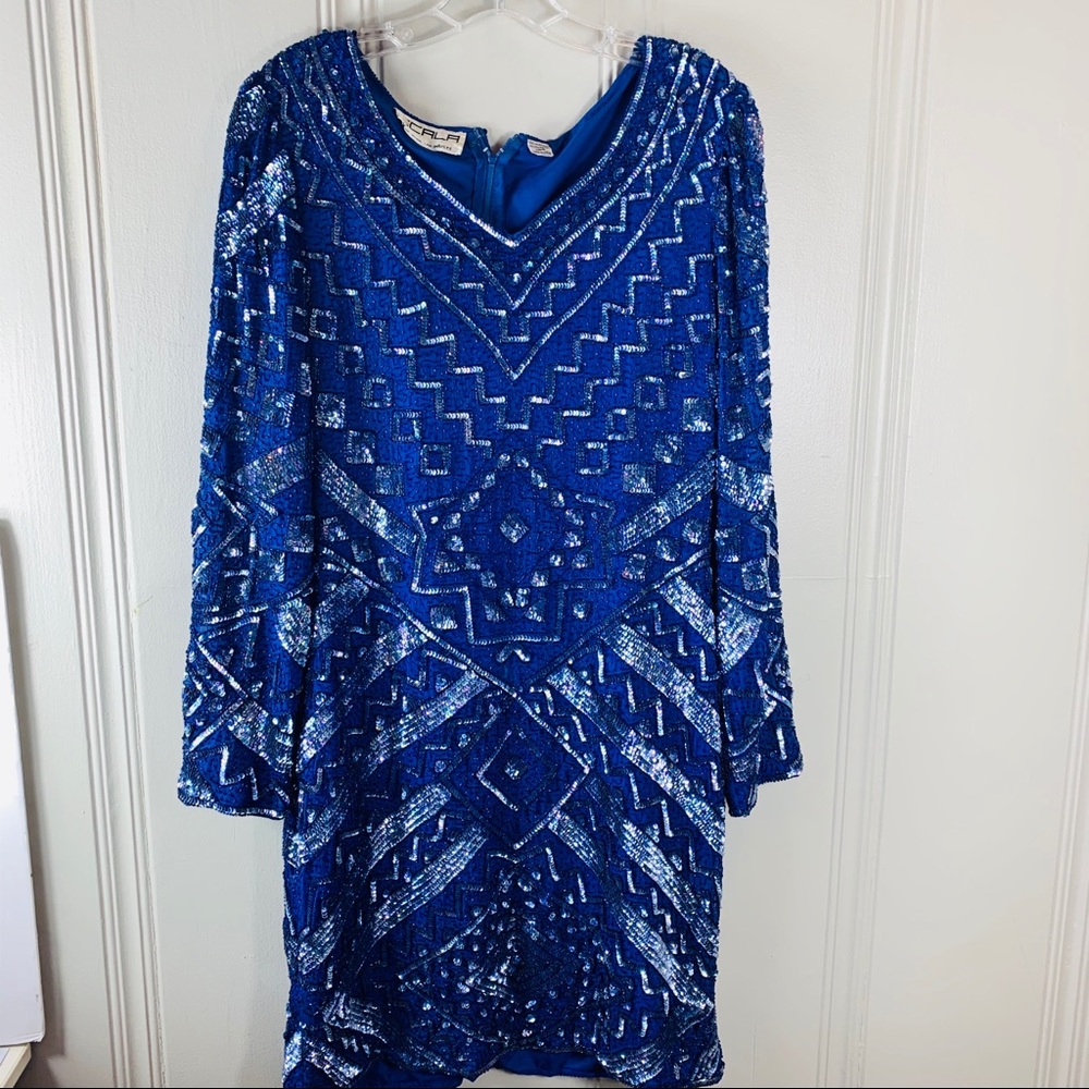 Scala VTG 80’s women’s blue dress beaded Sz PM
